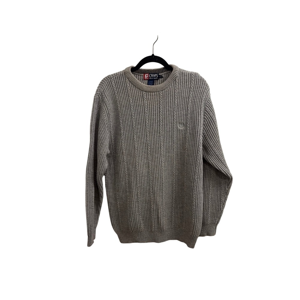Sweater Cable Knit Preppy Chaps Ralph Lauren Mens Small Grey Crewneck Cotton vtg